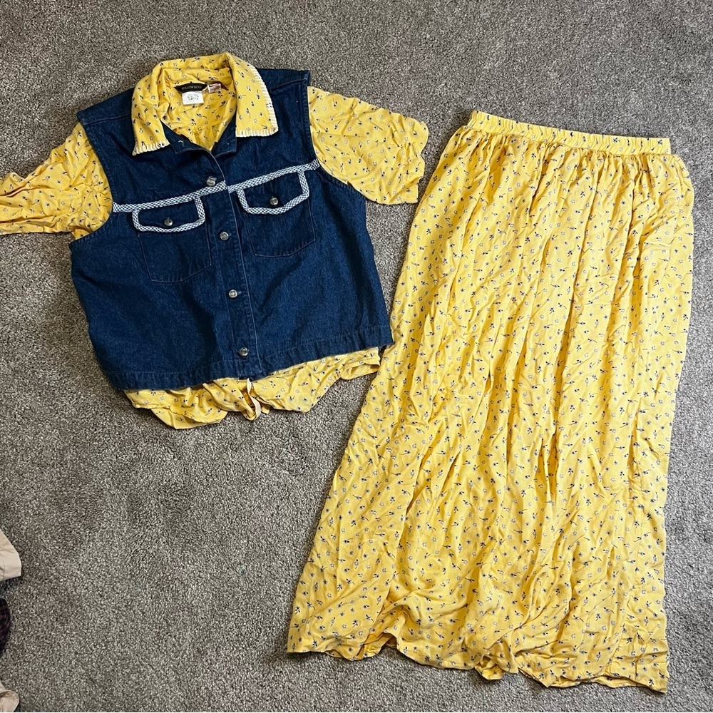 Vintage Willowbend Floral Skirt‎ Denim Vest Button Down Shirt Size Medium Spring - Picture 2 of 16